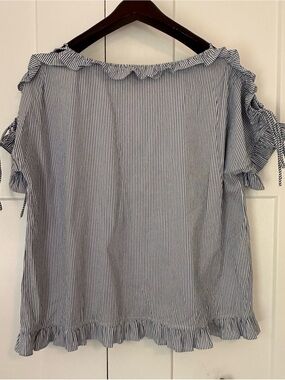 Market & Spruce Navy and White Striped Ruffle Cold-Shoulder Blouse